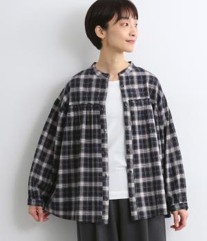 コットンリネンレーヨンチェック柄ブラウス(ネイビー-F)