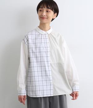 先染めコットン布帛長袖ブラウス