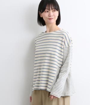 コットン裏毛先染めボーダー2種ドッキングカットソープルオーバー(ライトブルー-F)
