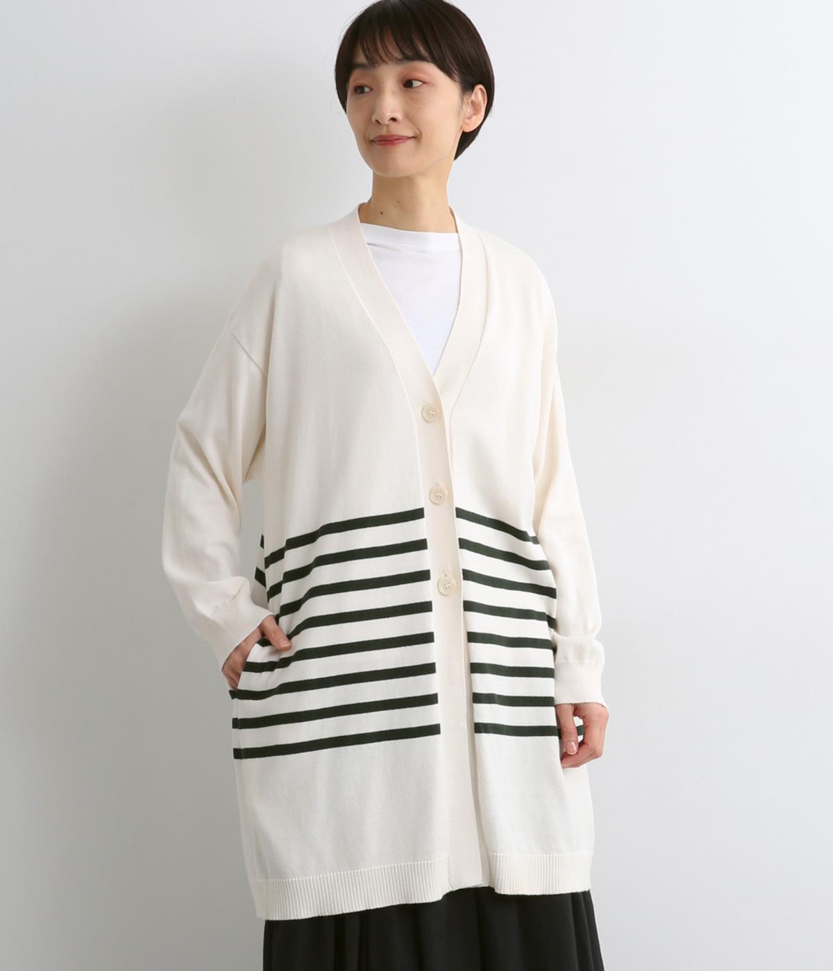 コットンニットパネルボーダー柄カーディガン(グリーン-F)