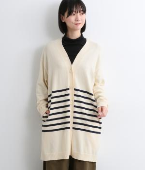 コットンニットパネルボーダー柄カーディガン(ネイビー-F)