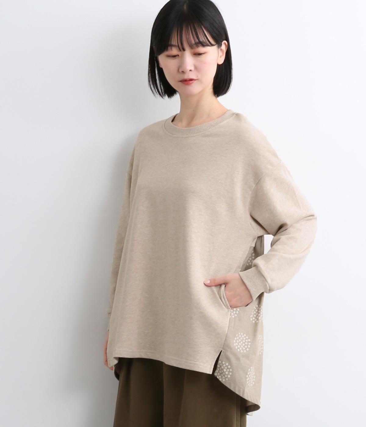 コットン裏毛無地+先染めコットン布帛ドット柄プリント入り異素材切替チュニック(ベージュ-F)