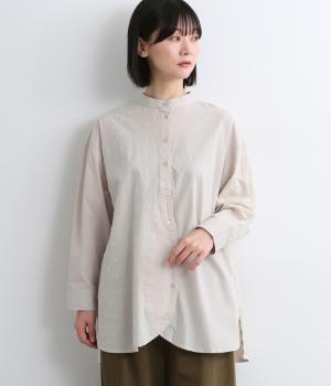 先染コットン無地・花柄刺繍・ドットドビー柄前開き裾前後差付チュニック(アイボリー-F)