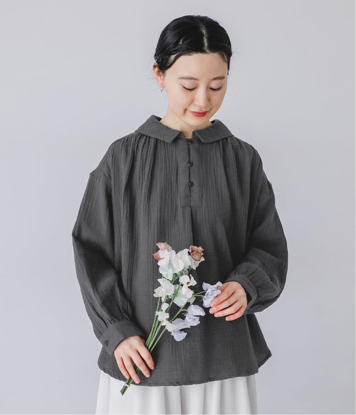 コットンWガーゼセーラーカラーブラウス(チャコール-F)