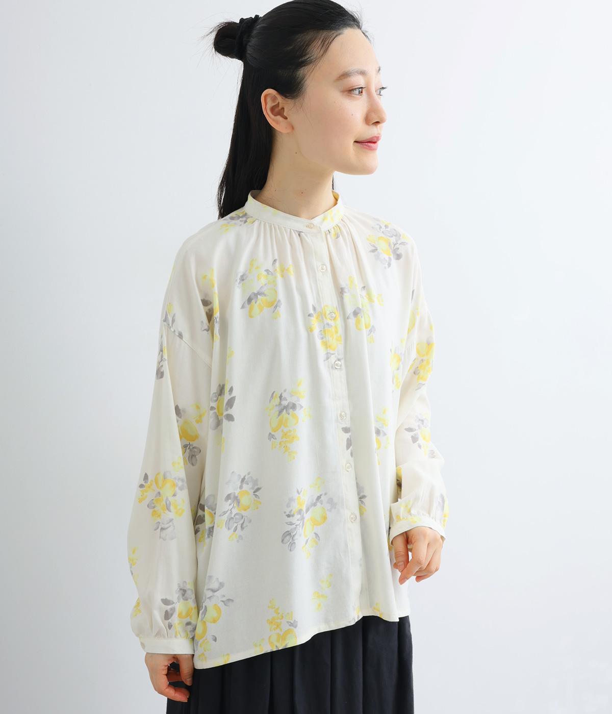コットンレーヨンツイル　水彩植物柄ブラウス(イエロー-F)
