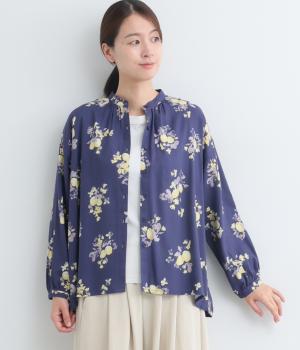 コットンレーヨンツイル　水彩植物柄ブラウス(ネイビー-F)