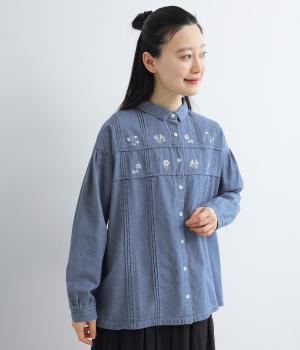 5．4ｏｚデニム刺繍ブラウス(ブルー-F)