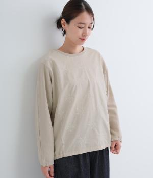 裏毛×コットンリネン刺繍切替プルオーバー(ライトベージュ-F)
