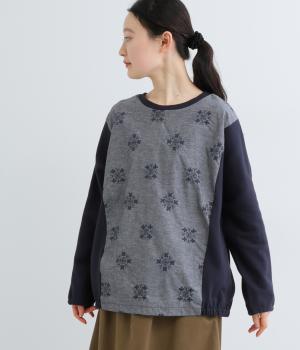 裏毛×コットンリネン刺繍切替プルオーバー(ネイビー-F)