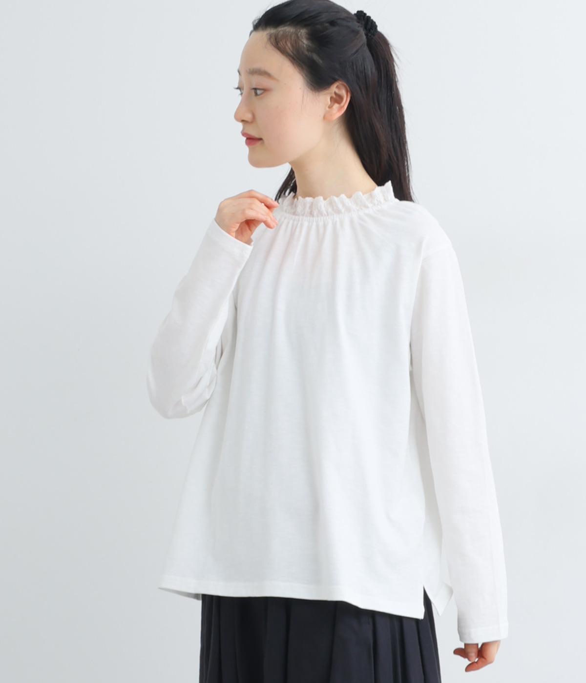 コットンスラブ天竺　レースネックカットソー(アイボリー-F)