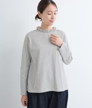 コットンスラブ天竺　レースネックカットソー(ライトグレー-F)