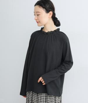 コットンスラブ天竺　レースネックカットソー(ブラック-F)