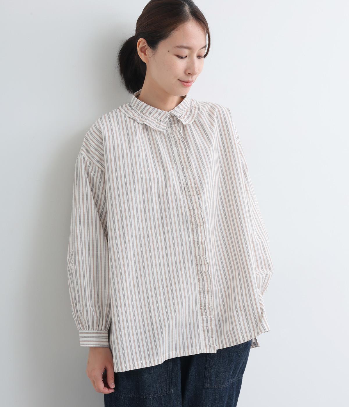 コットンスラブストライプ　フリル付きチュニック(アイボリー-F)