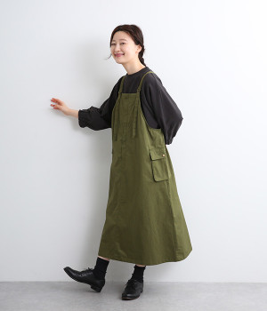 コットン ワークジャンパースカート(カーキ-ONESIZE)