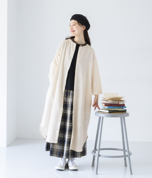 コットンリネン 配色タック入りシャツワンピース(アイボリー-ONESIZE)