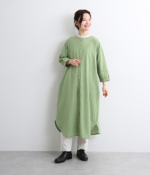 コットンリネン 配色タック入りシャツワンピース(グリーン-ONESIZE)