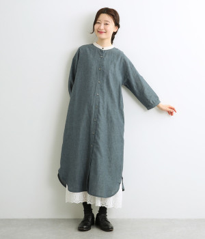 コットンリネン 配色タック入りシャツワンピース(ネイビー-ONESIZE)