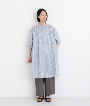 フラワーステッチ 柄アソート7分袖シャツワンピース(ブルーストライプ-ONESIZE)