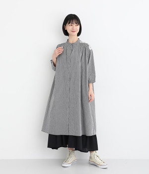 フラワーステッチ 柄アソート7分袖シャツワンピース(ブラックギンガム-ONESIZE)