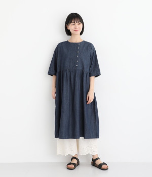 5ozインディゴデニム アシンメトリー開きワンピース(ネイビー-ONESIZE)