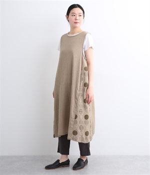 楊柳Wガーゼ ドットプリント切替ワンピースエプロン(ブラウン-ONESIZE)