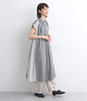 布帛切替コンビ柄アソート フレンチスリーブシャツワンピース(ブラックギンガム-ONESIZE)
