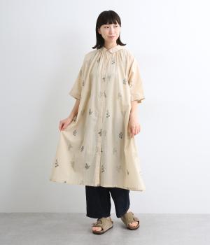 コットンキャンブリック 花柄総刺繍 前あきワンピース(アイボリー-ONESIZE)