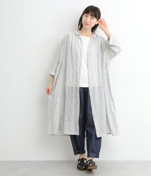 コットンライトガーゼ 7分袖シャツワンピース(アイボリーストライプ-ONESIZE)