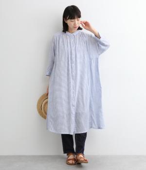 コットンライトガーゼ 7分袖シャツワンピース(ブルーボーダー-ONESIZE)