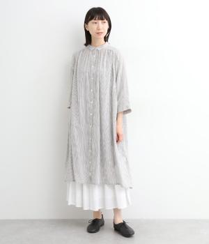 コットンライトガーゼ 7分袖シャツワンピース(グレーストライプ-ONESIZE)