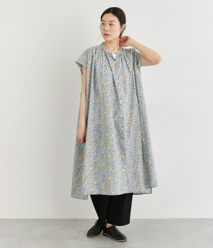 コットン 花柄バンドカラーフレンチワンピース(ライトグレー-ONESIZE)