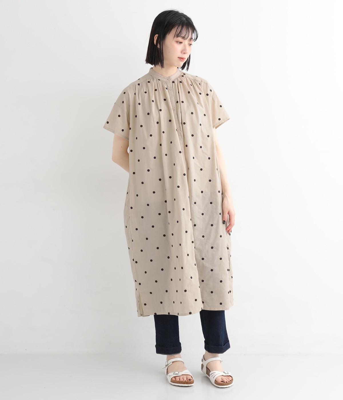キャンブリック ドット刺繍 前開きワンピース(ベージュ-ONESIZE)