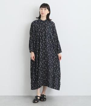 コットン ストライプドビー花柄8分袖ワンピース(ネイビー-ONESIZE)