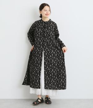 コットン ストライプドビー花柄8分袖ワンピース(ブラック-ONESIZE)