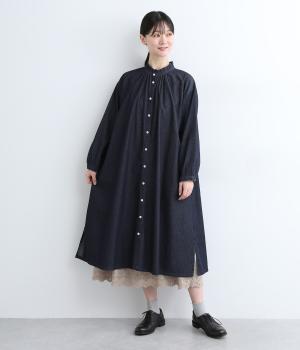 タックフリルつき前開きワンピース(インディゴデニム-F)