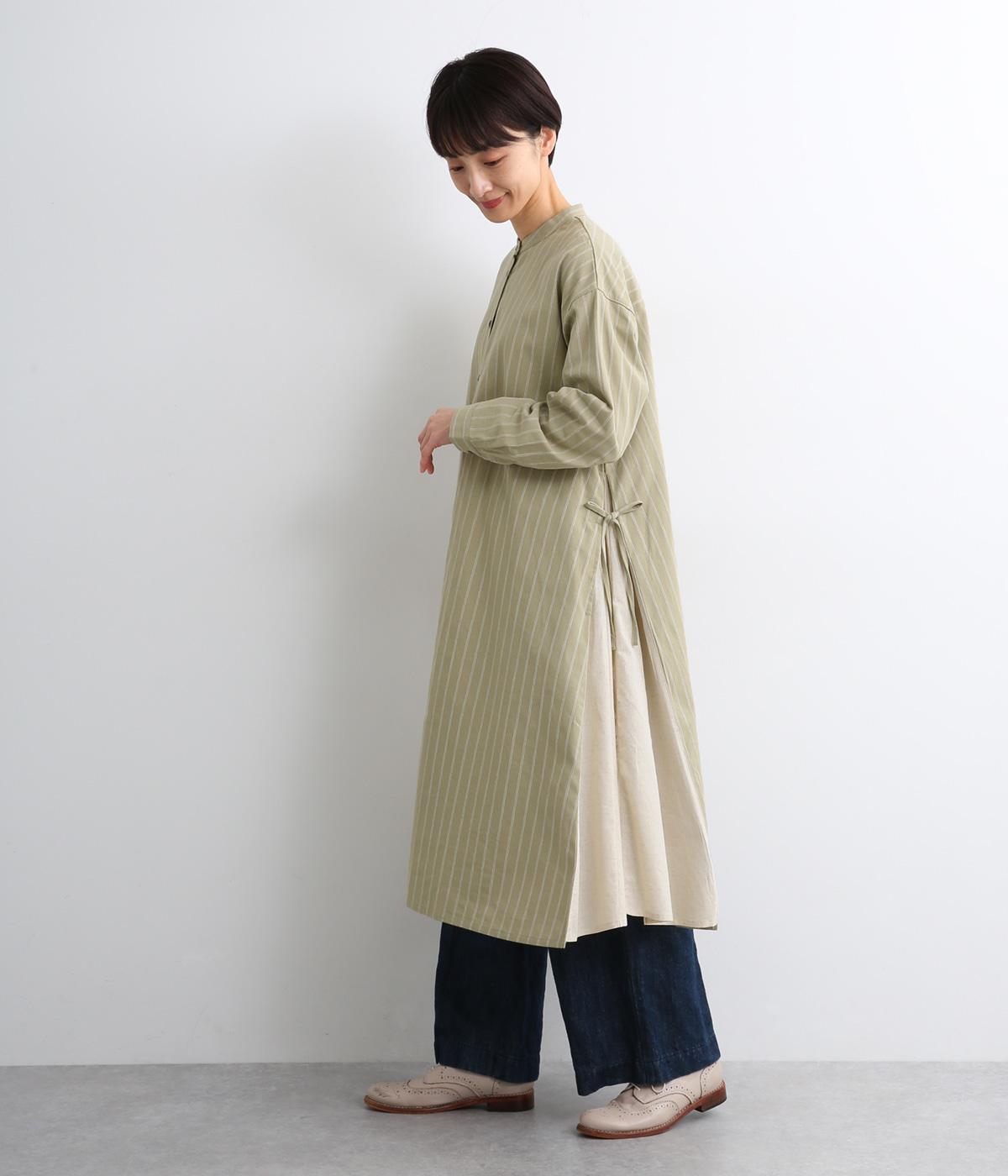 先染めコットンリネンドビーストライプ+別布コットンリネン無地レイヤードシャツワンピース(カーキ-F)