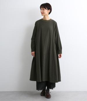 先染めコットンWガーゼ無地+リブクルーネックAラインワンピース