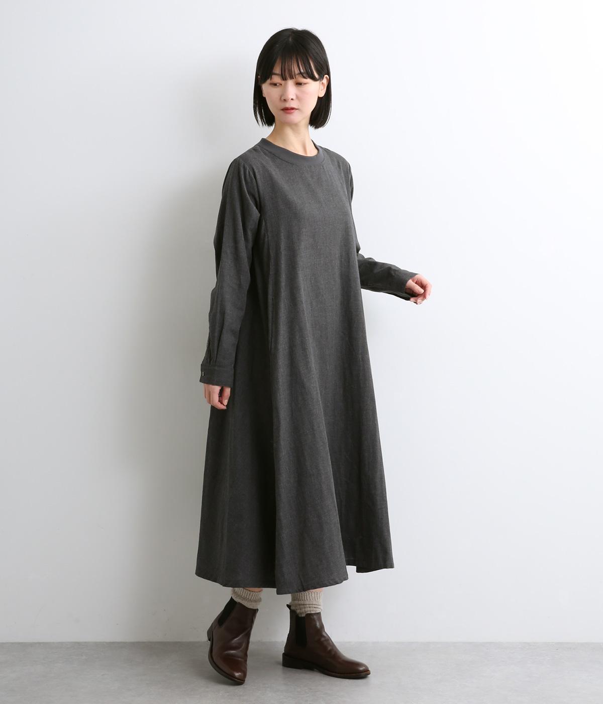 先染めコットンWガーゼ無地+リブクルーネックAラインワンピース(グレー-F)
