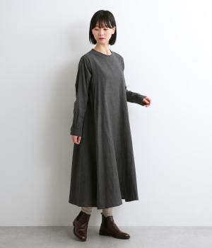 先染めコットンWガーゼ無地+リブクルーネックAラインワンピース(グレー-F)