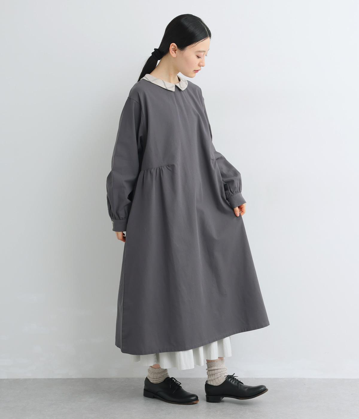 コットンリネン配色襟ギャザーフレアワンピース(ダークグレー-F)