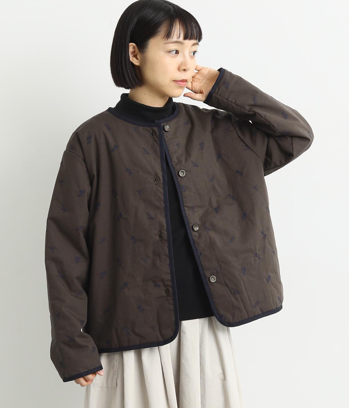 小花柄刺繍中綿キルトショートコート(ネイビー-F)