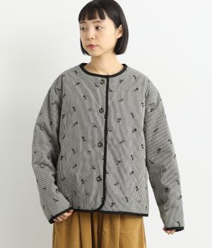 小花柄刺繍中綿キルトショートコート(ブラック-F)