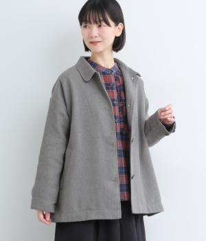 ウール混襟付きミディアム丈コート(グレー-F)