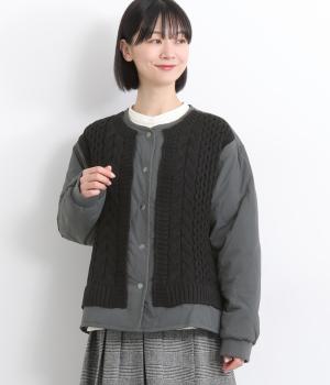 ナイロンワッシャー中綿入りキルティングニットポリタフタ裏地コート(グレー-F)