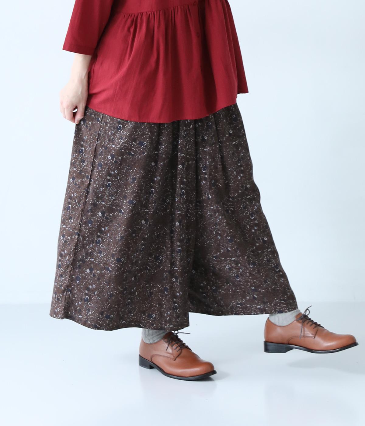 表起毛花柄プリント8分丈フレアパンツ(ダークブラウン-F)