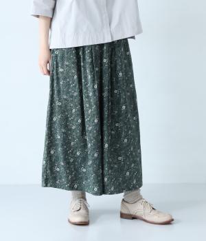 表起毛花柄プリント8分丈フレアパンツ(グリーン-F)