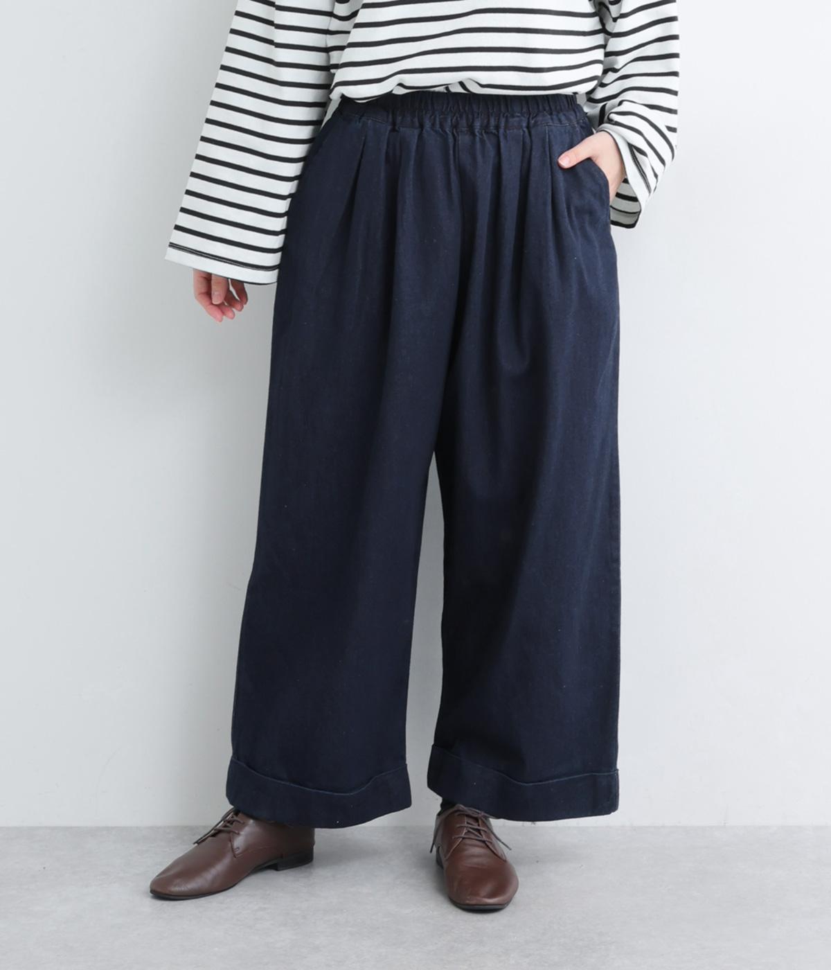 コットンデニムタックワイドロールアップパンツ(ネイビー-F)