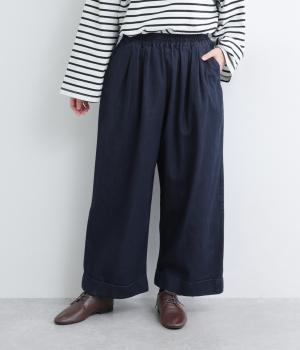 コットンデニムタックワイドロールアップパンツ(ネイビー-F)
