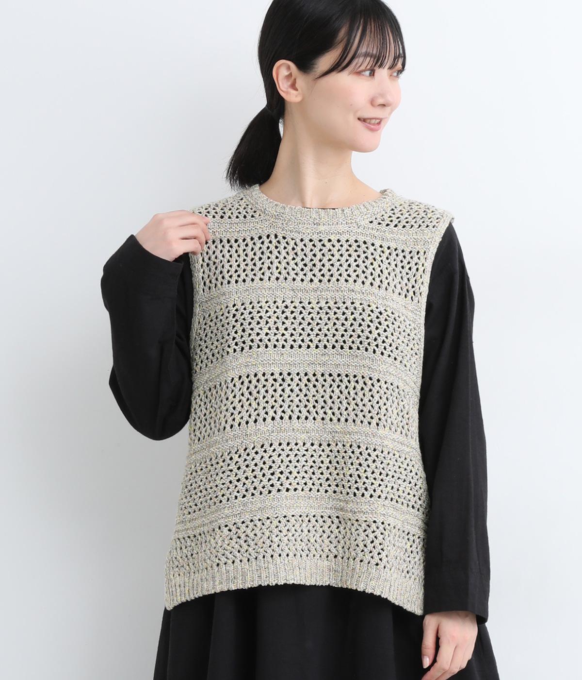 ミックステープヤーンニットベスト(ベージュ-F)