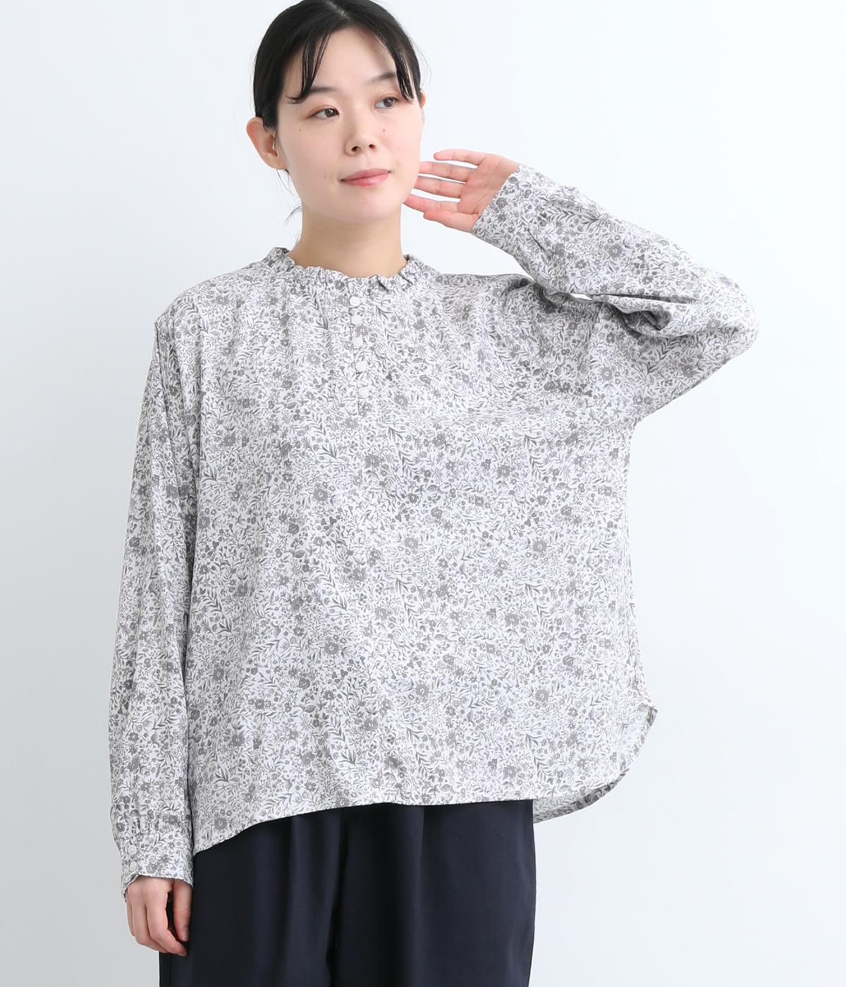 表起毛花柄プリントフリルネックギャザーブラウス(アイボリー-F)